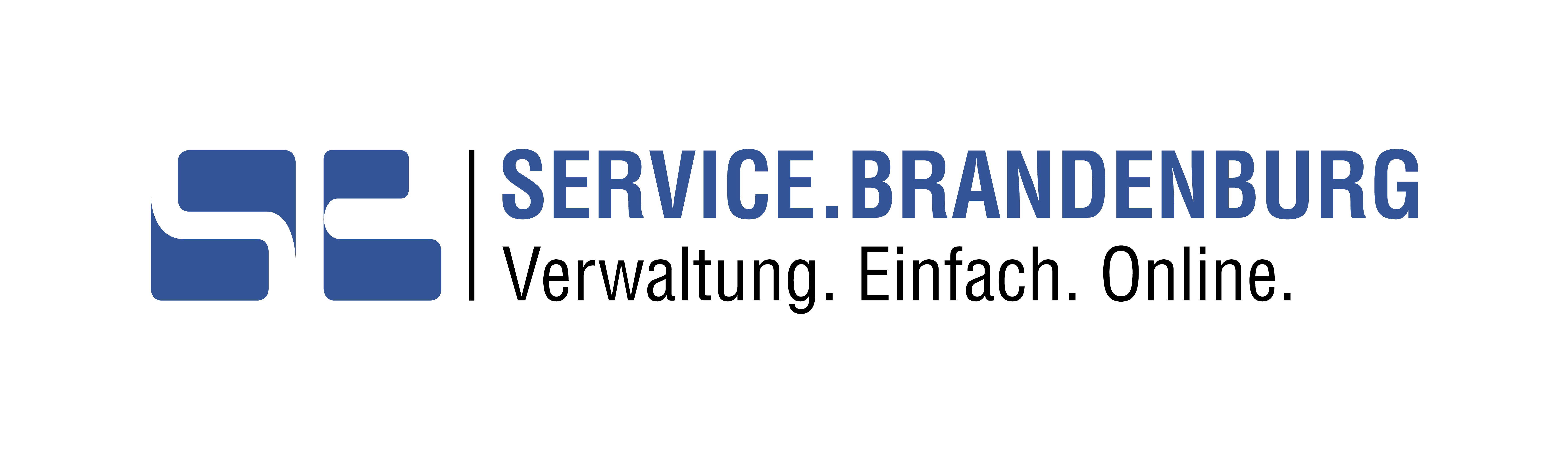 Das Logo des Serviceportals Brandenburg zeigt vier verschieden große und geformte Sprechblasen. Der Text lautet: Service Brandenburg; Verwaltung. Einfach. Online