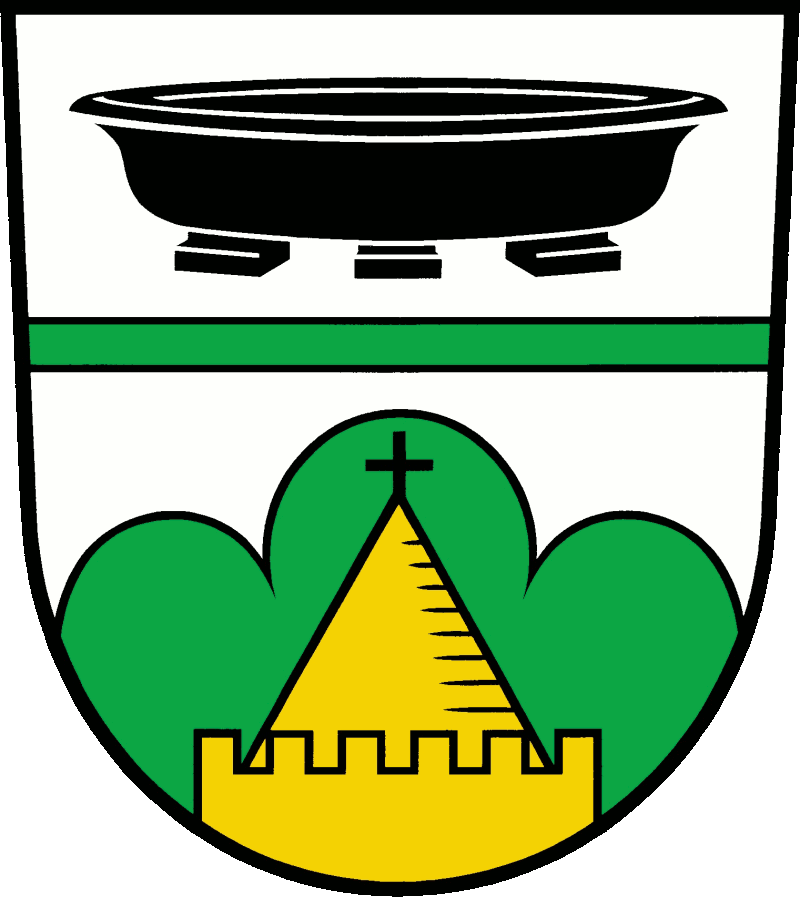 In Silber eine grüne Leiste begleitet oben von einer schwarzen Granitschale mit drei Füßen und unten von einem grünen Dreiberg, belegt mit einer bezinnten und oben schwarz bekreuzten goldenen Kirchturmspitze.</br>