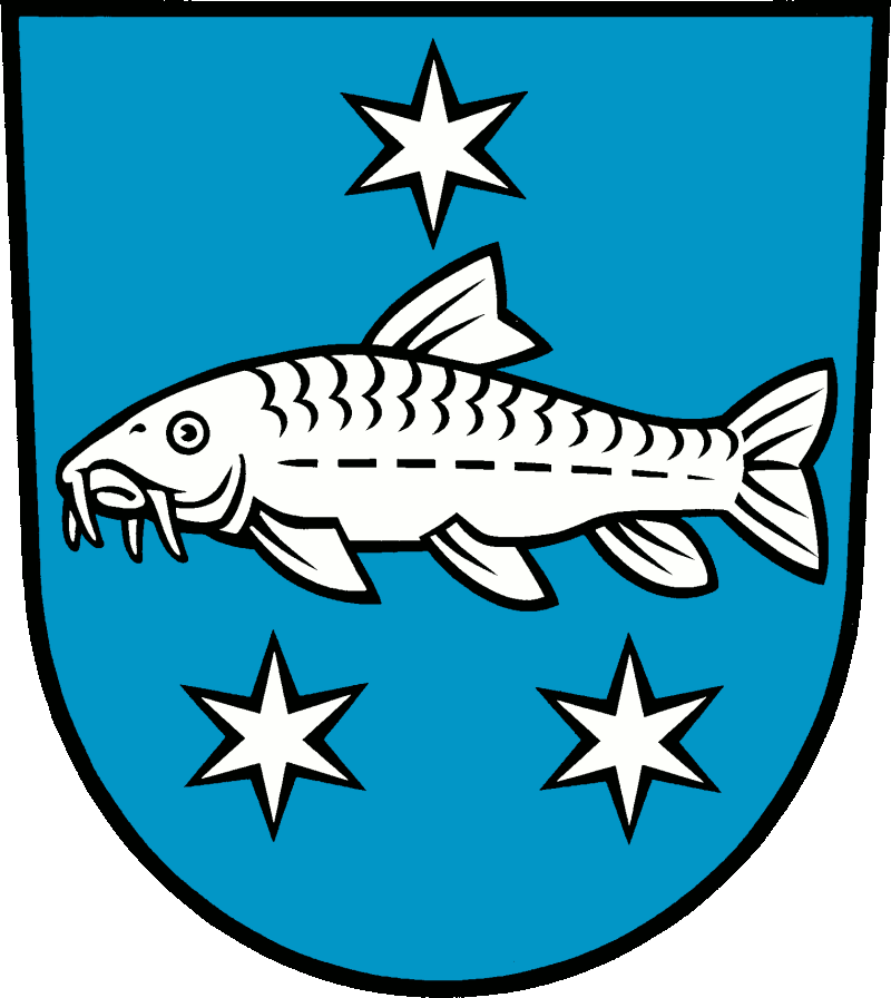 In Blau ein schwimmender silberner Fisch zwischen drei (1:2 gestellten), sechsstrahligen, silbernen Sternen.
