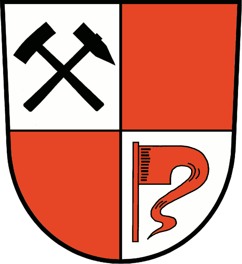 Geviert von Silber und Rot; 1: schräggekreuzt ein schwarzer Schlägel und ein schwarzes Eisen, 4: eine nach links wehende rote Fahne.
