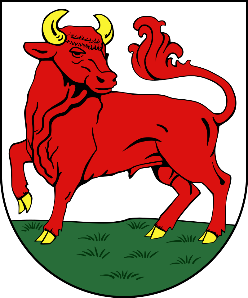 In Silber auf grünem Rasen ein schreitender, widersehender gold-bewehrter roter Stier mit über den Rücken geschlagenem Schweif.
