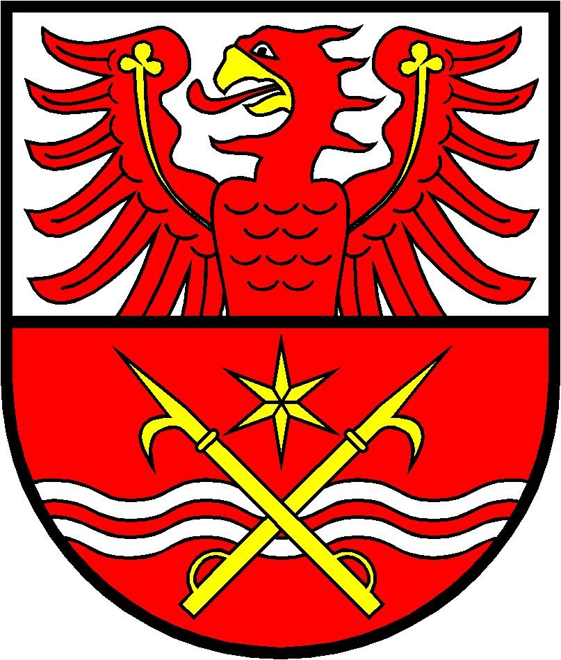 Geteilt von Silber und Rot; oben wachsend ein goldbewehrter, roter Adler, die Flügel mit goldenen Kleestengeln belegt; unten ein silberner Wellenbalken, belegt mit einem roten Wellenfaden und bedeckt mit schräggekreuzten, begrifften goldenen Bootshaken, oben bewinkelt von einem goldenen Stern. 