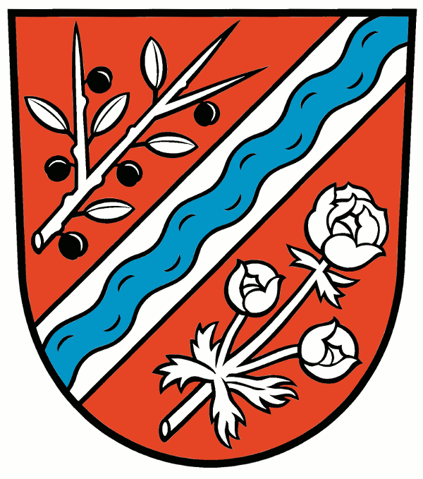 In Rot ein silberner Schräglinksbalken, belegt mit einer blauen Wellenleiste, nach der Teilung begleitet von zwei abgeschnittenen silbernen Zweigen, oben eine Schlehe mit fünf schwarzen Früchten und unten eine Trollblume mit drei Blüten.