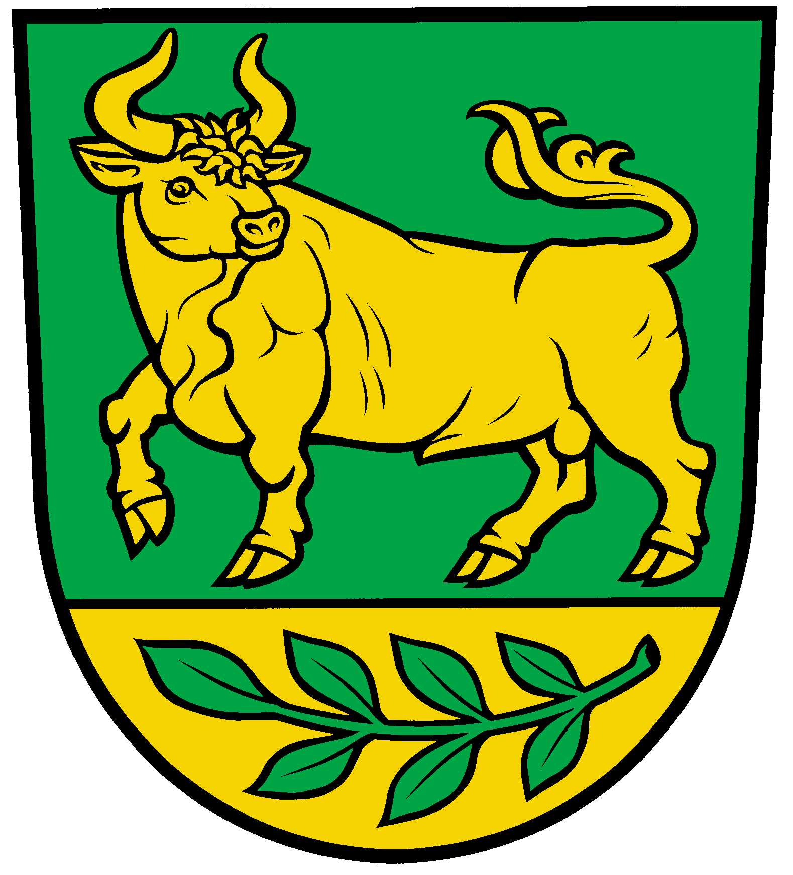 In Grün über goldenem Schildfuß, belegt mit einem liegenden grünen Eschenzweig, ein schreitender, widersehender goldener Auerochse.