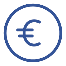 Dargestellt ist das Euro-Zeichen, umschlossen von einem runden Rahmen.