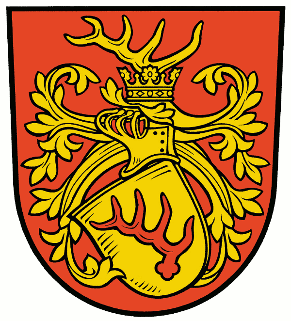 In Rot ein goldener Schild, belegt mit einer linksgekehrten, fünfendigen roten Hirschstange. Auf dem Helm mit Decken aus einer Krone wachsend die Wappenfigur, alles golden.