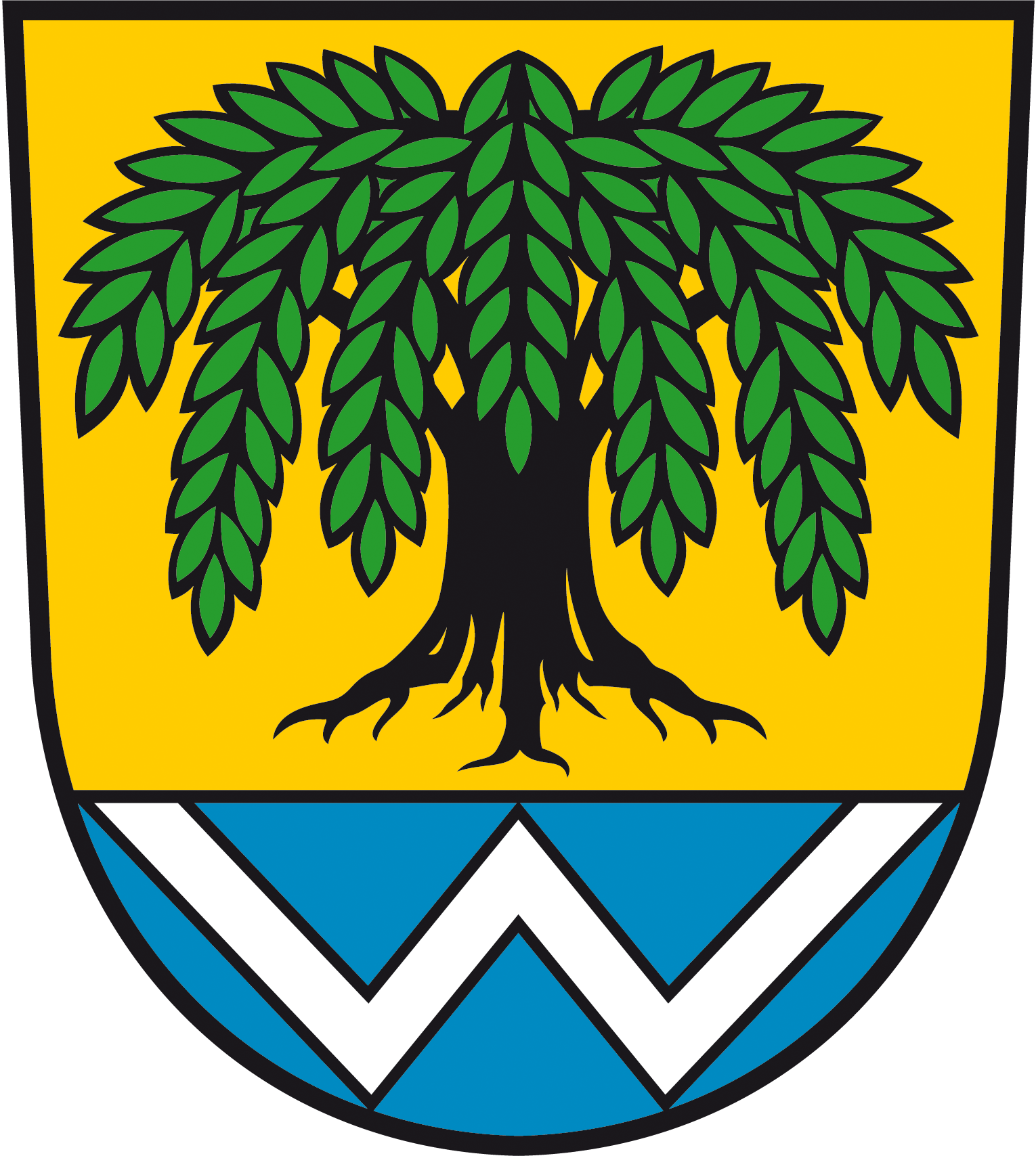 In Gold über blauem Schildfuß, darin ein silberner Doppelsturzsparren, eine bewurzelte und grün-beblätterte schwarze Trauerweide.
