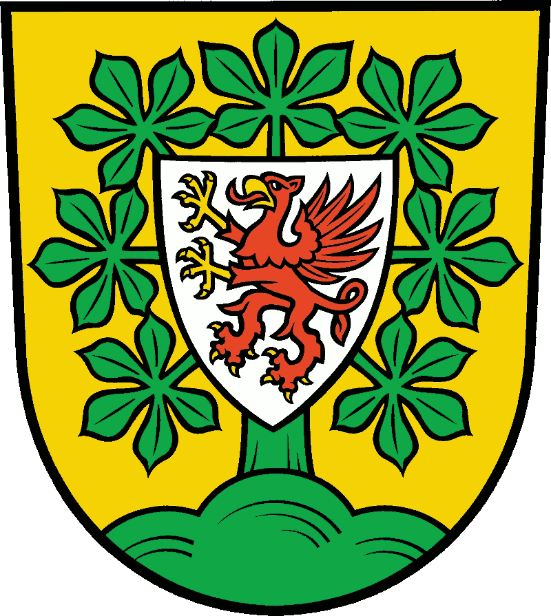 In Gold auf grünem Dreiberg eine grüne Kastanie mit sieben Blättern, belegt mit einem<br /><br />
silbernen Herzschild, darin in Silber ein gold-bewehrter roter Greif.