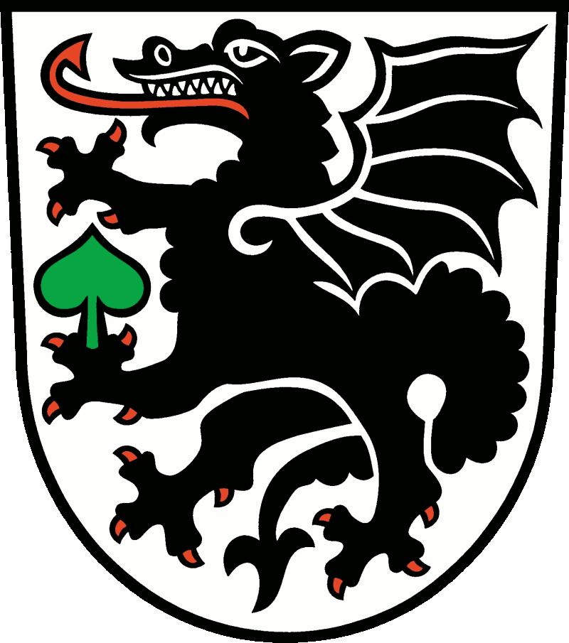In Silber ein steigender, vierbeiniger, rotgezungter schwarzer Drache (Lindwurm) mit einem grünen Lindenblatt in der linken Vorderkralle. 