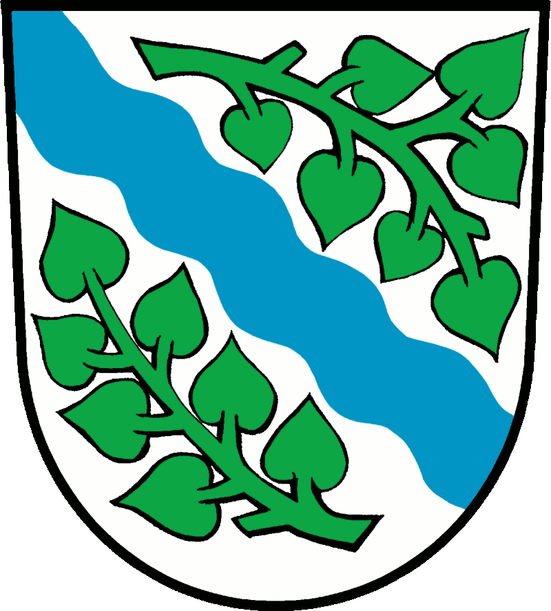 In Silber ein blauer Schrägwellenbalken, nach der Figur begleitet von zwei abgeschnittenen, gegengewendeten grünen Lindenzweigen.<br>