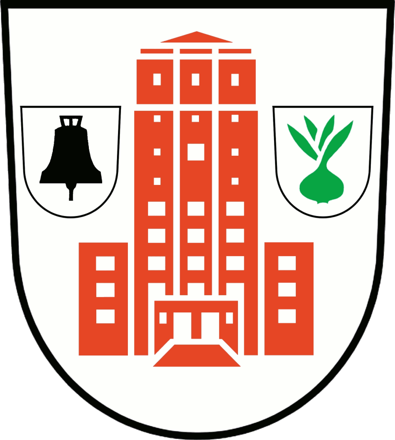 In silbernem Schild ein rotes Gebäude (Rathaus) mit mehrstöckigem Mittelturm, begleitet von zwei silbernen Schildchen, darin rechts eine schwarze Glocke,  links eine grüne Zwiebel.<br>