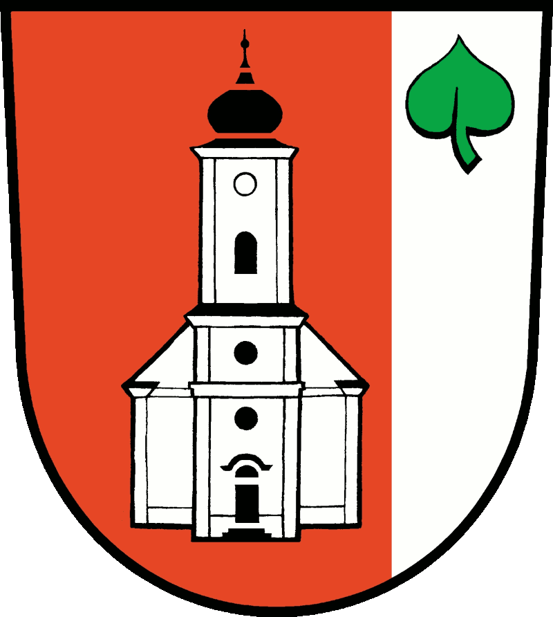 In Rot mit einer linken silbernen Flanke, darin oben ein grünes Lindenblatt, eine silberne Kirche mit schwarz-bedachtem Turm, schwarzer Tür und Fenstern.</br>
