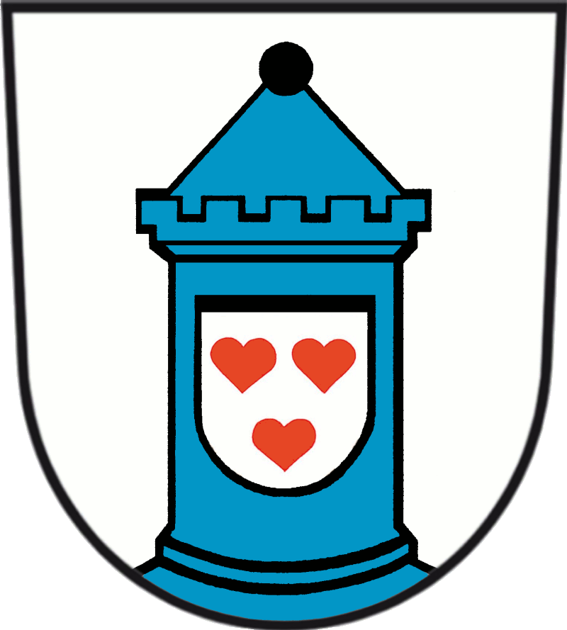 In Silber ein fenster- und torloser, bezinnter, spitzbedachter und beknaufter blauer Rundturm, belegt mit einem silbernen Schild, darin drei (2 : 1) rote Herzen.<br>