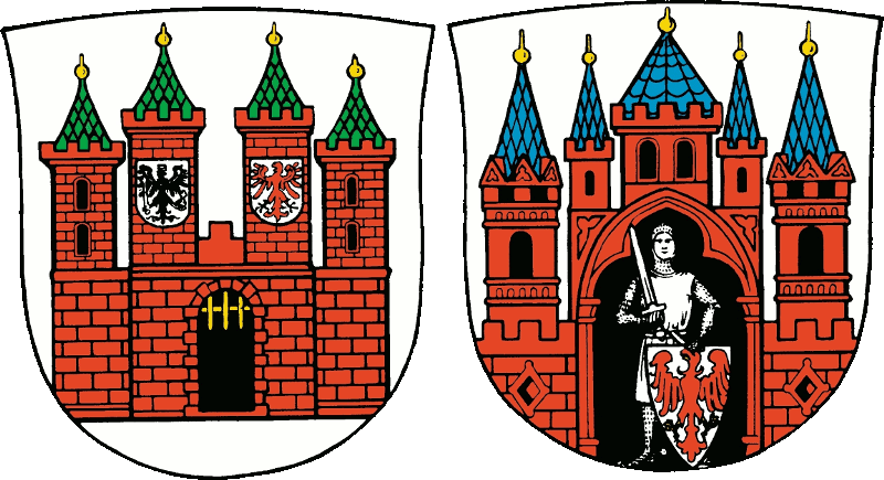 Doppelwappen der Alt- (heraldisch rechts) und Neustadt (heraldisch links) Brandenburg. Altstadt: In Silber eine rote Burg mit offenem schwarzen Tor und aufgezogenem goldenen Fallgitter, deren vier bezinnte und goldbeknaufte Türme mit grünen Spitzdächern versehen sind. Die beiden mittleren Türme sind je mit einem silbernen Schild belegt, im rechten ein schwarzer, im linken ein roter Adler. Neustadt: In Silber eine rote Burg mit Zinnenmauer, deren fünf bezinnte und goldbeknaufte Türme unterschiedlicher Größe mit blauen Spitzdächern versehen sind. Im schwarzen Torbogen steht ein silberner Gewappneter mit geschultertem Schwert in der Rechten, mit der linken einen aufgestellten silbernen Spitzschild mit rotem Adler haltend.<br>