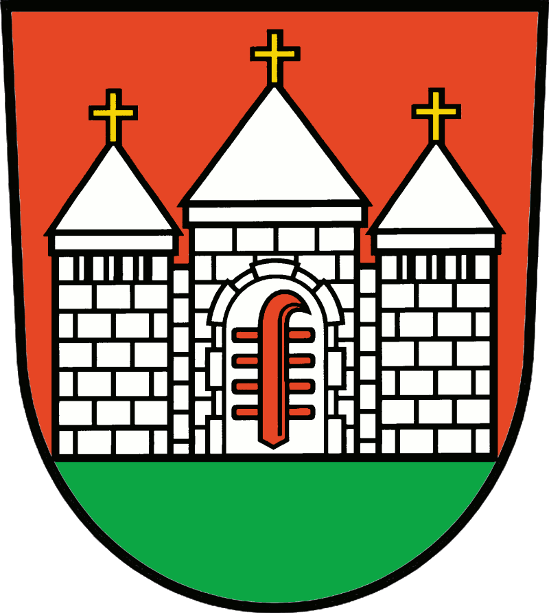 In Rot auf grünem Boden eine silberne Burg mit drei spitzbedachten und gold-bekreuzten Türmen; im Torbogen eine rote Steigleiter.</br>  