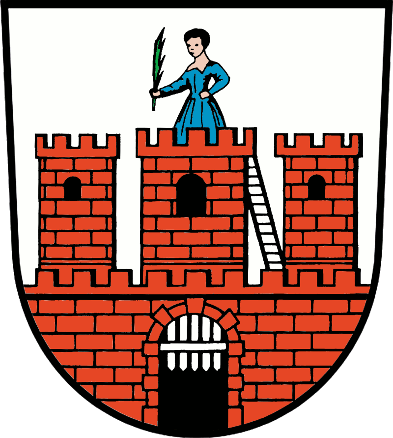 In Silber eine zinnengekrönte rote Mauer mit drei bezinnten Rundtürmen, offenem schwarzen Tor und hochgezogenem silbernem Fallgatter; auf dem höheren und stärkeren Mittelturm, an dem links eine schwarze Leiter lehnt, eine wachsende, natürliche, blaugekleidete weibliche Figur mit grünem Palmenzweig in der erhobenen Rechten.