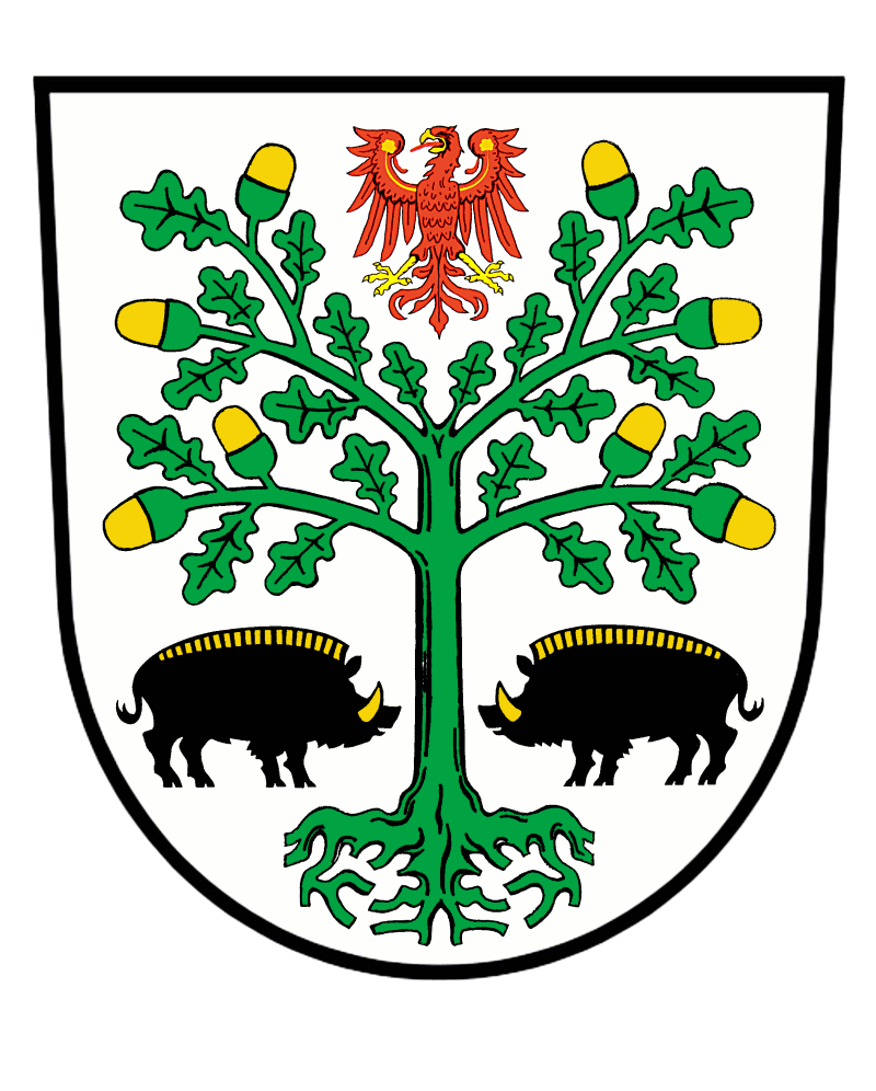 In Silber eine belaubte bewurzelte grüne Eiche mit goldenen Früchten, in deren Krone ein goldbewehrter, mit goldenen Kleestengeln belegter roter Adler schwebt. Dem Stamm zugewandt steht jederseits ein schwarzer Wildschweineber mit goldenen Hauern und Rückenborsten.</br>