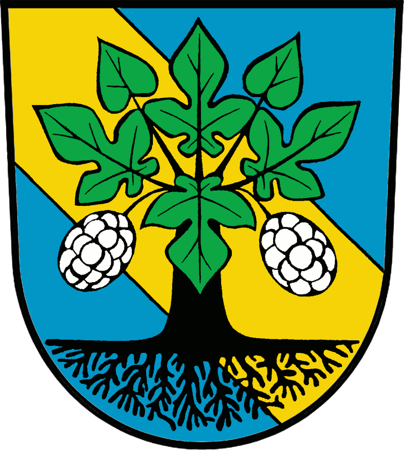 Im blauen Schild ein goldener Schrägrechtsbalken überdeckt von einem schwarzen bewurzelten Maulbeerbaum mit grünen Blättern und zwei silbernen Maulbeeren.</br>