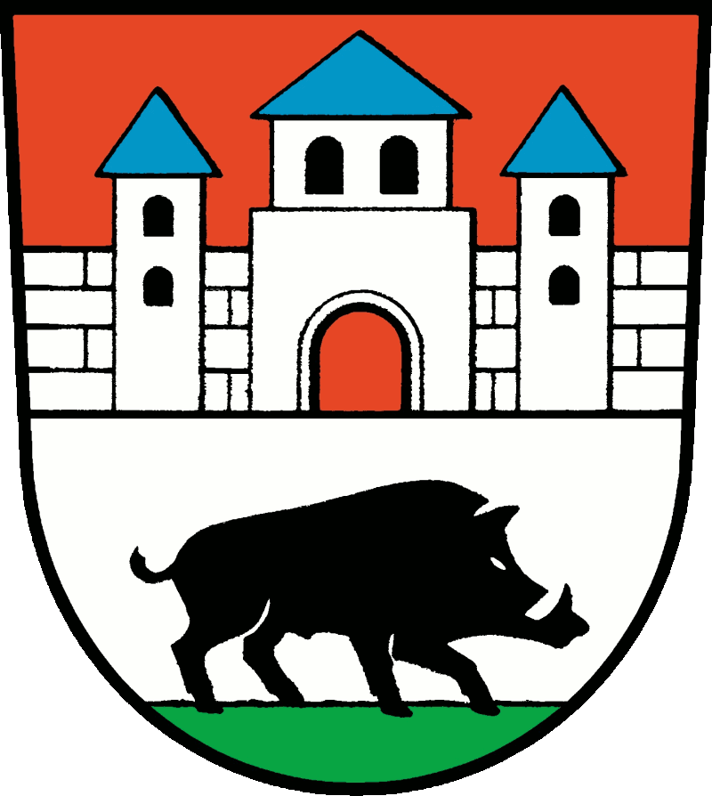 Von Rot über Silber geteilt; oben eine durchgängige silberne Mauer mit drei Türmen bedeckt, die mit schwarzen Fenstern und blauen Spitzdächern versehen sind, sowie einem offenen roten Tor, unten ein auf grünem Boden linkshin schreitender schwarzer Eber. 
