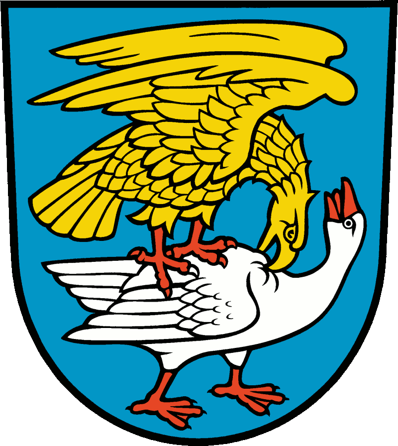 In Blau linksgewendet ein goldener Adler mit roten Fängen, der sich auf einer rot-bewehrten silbernen Gans festkrallt und seinen Schnabel in ihren Hals schlägt.<br /><br />
<br /><br />
