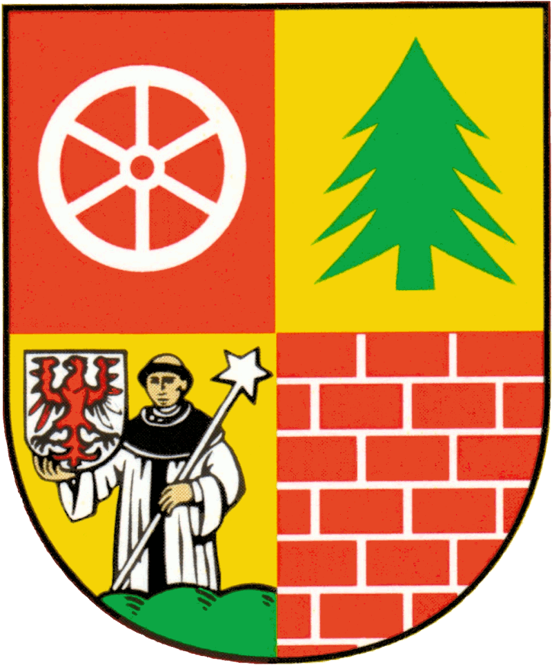 Übernahme des Wappens des aufgelösten Amtes Müncheberg: Geviert von Rot (1 u.4) und Gold (2 u. 3); vorn oben ein silbernes sechsspeichiges Wagenrad; oben hinten ein grüner Tannenbaum, vorn unten auf grünem Dreiberg ein wachsender Mönch mit silberner Kutte und schwarzem Skapulier, der in der Rechten einen silbernen Schild mit rotem goldbewehrtem Adler und in der Linken einen silbernen besternten Stab hält (Stadtwappen vor 2002), hinten unten silbern gefugtes Mauerwerk.