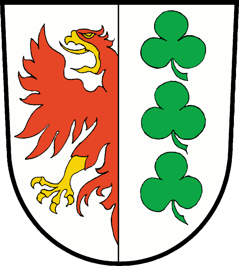 In Silber gespalten; vorn am Spalt ein roter goldbewehrter halber Adler; hinten pfahlweise drei grüne Kleeblätter.<br>